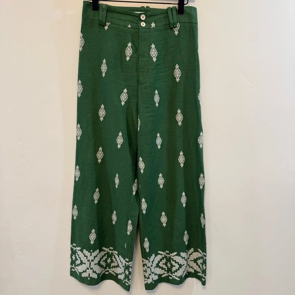 ZARA Linen embroidered green wide leg cropped Coolots